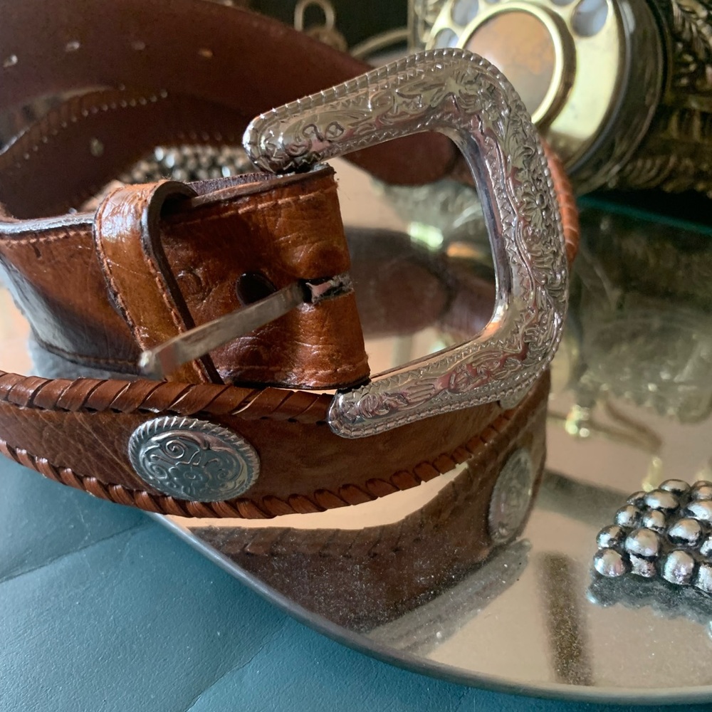 🐝 WESTERN MAN BROWN LEATHER BELT SILVER TABS